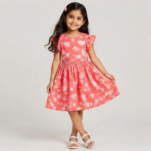 Coral Floral Girls Dress