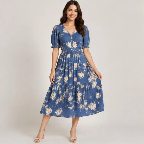 Blue Floral Midi Dress