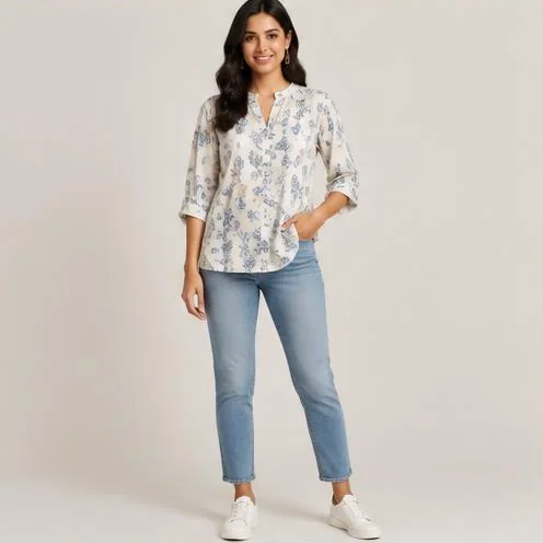 Ivory Blue-Print Casual Top